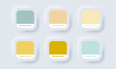 Pantone palette. Autumn palette color in RGB HEX. Color Catalog. Neumorphic UI UX white user interface web button. Neumorphism. Vector EPS 10.