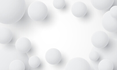 Poster - Vector white ball abstract background. Light coloured Background with white balls. 3d round spheres. Geometric design elements circle ball pattern. Flying shapes in empty space. Vector illustration.