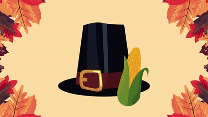 Sticker - happy thanksgiving animation with pilgrim hat and corn