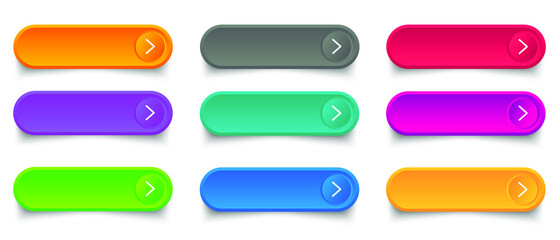 Poster - Web buttons flat design template with color gradient and thin line outline style. Vector isolated rectangular rounded web page next arrow button elements set on white background.