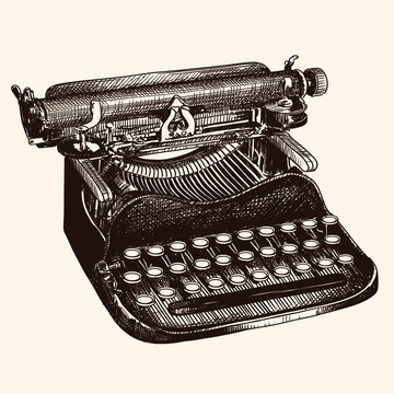 Vintage typewriter for typing isolated on beige background. Quick hand sketch.