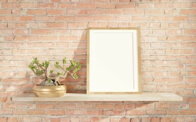 Wall Mural - Empty canvas on the shelf. Template for images and text. Bonsai tree. Brick background. Morning sunlight. 3D rendering.