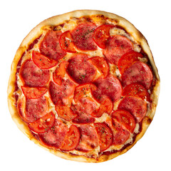 Wall Mural - Isolated fresh baked pizza with ham and tomatoes on white background