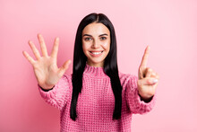 Photo Of Adorable Person Toothy Smile Arms Fingers Counting Showing Six Isolated On Pink Color Background