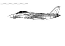 Grumman F-14 Tomcat with AIM-54 Phoenix missiles. Vector drawing of navy supersonic fighter. Side view. Image for illustration and infographics.