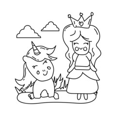 Wall Mural - Line art princess and unicorn coloring book design