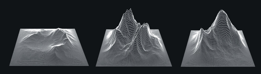 Poster - Set of a glitched and distorted 3d models. Abstract vector elements with wireframe grid.