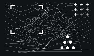 Poster - 3D model of a glitched surface. Abstract vector background with distorted wireframe grid.