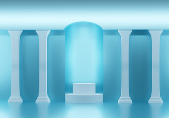 Poster - Empty podium stand. Place for something on turquoise background. Architectural podium stand. Architectural background to showcase your product. Architectural wall with columns. 3d rendering.
