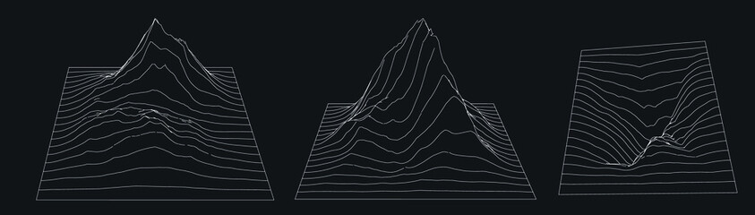 Poster - Set of a glitched and distorted 3d models. Abstract vector elements with wireframe grid.