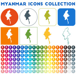 Wall Mural - Myanmar icons collection. Bright colourful trendy map icons. Modern Myanmar badge with country map. Vector illustration.