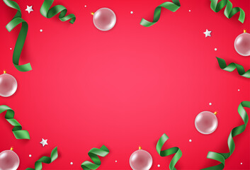 Aufkleber - White baubles and green ribbons on red background. Christmas banner with copy space
