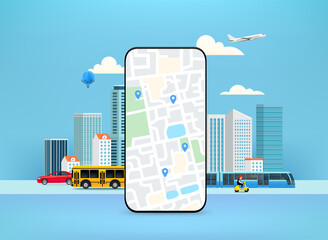 Poster - Smartphone with city map and pointers. Map app concept