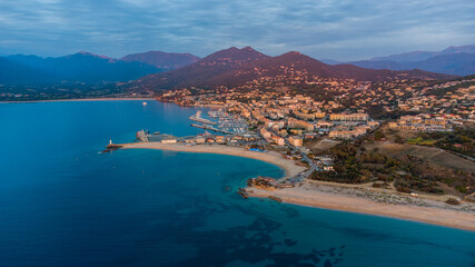 Wall Mural - Aerial view of the Lido Beach in Propriano in the South of Corsica, France - Small coastal town in the Mediterranean Sea