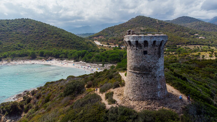 Sticker - Aerial view of the ruins of the round Genoese tower of Fautéa in the South of Corsica, France - Remains of a medieval lookout overlooking the Mediterranean Sea