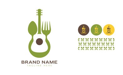 Creative bold Guitar music logo using Fork and Spoon for food business, hotel, restaurant, fast food, eats including pattern and logo variants for branding designs