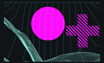 Poster - 3D polygonal mountain landscape in retrofuturistic style. Concept of data visualization and  machine learning.
