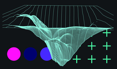 Poster - 3D polygonal mountain landscape in retrofuturistic style. Concept of data visualization and  machine learning.
