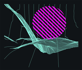 Poster - 3D polygonal mountain landscape in retrofuturistic style. Concept of data visualization and  machine learning.
