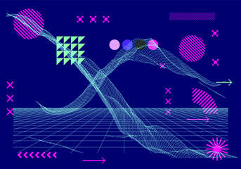 Aufkleber - 3D polygonal mountain landscape in retrofuturistic style. Concept of data visualization and  machine learning.