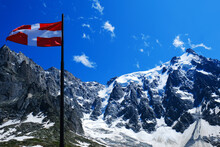 Amazing Landscape With Aiguille Du Midi Mountain And Flying Flag Seen From Plan De L'Aiguille, French Alps , Chamonix, Mont Blanc, Haute-Savoie, France