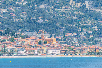 Wall Mural - Aerial view of Menton with beautiful blue and green sea