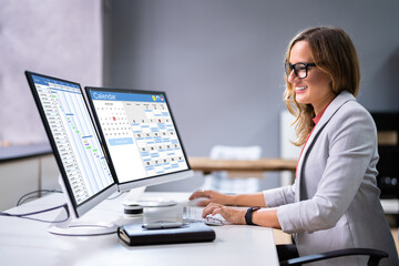 Poster - Employees Staff Schedule And Time Reports On Computer