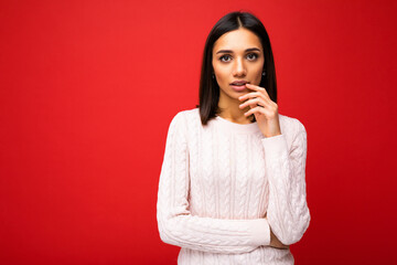 Wall Mural - Closeup photo of amazing thoughtful beautiful young woman deep thinking creative female person holding arm on chin wearing stylish outfit isolated on colorful background with copy space