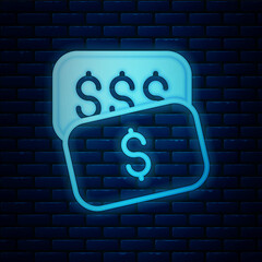 Poster - Glowing neon New price tag with dollar icon isolated on brick wall background. Badge for price. Sale with dollar symbol. Promo tag discount. Vector