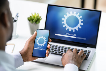 Poster - African American Man Doing Software Update On Mobile Phone
