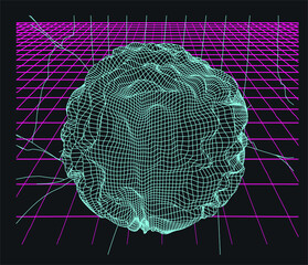 Poster - Glitched and distorted 3D sphere wireframe. Abstract geometric vector illustration. 