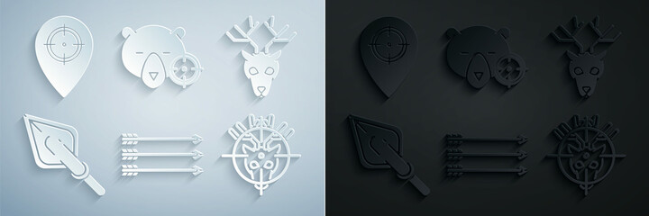 Wall Mural - Set Hipster arrows, Deer head with antlers, tip, Hunt on deer crosshairs, bear and place icon. Vector