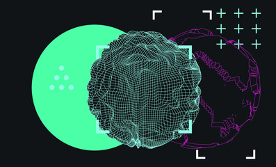 Poster - Glitched and distorted 3D sphere wireframe. Abstract geometric vector illustration. 