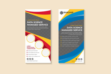 Poster - set of banner template design for promotion of data science managed service company. vertical layout with diagonal space for photo collage. blue, red and yellow elements in white background.