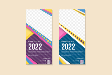 Poster - set of banner template design for promotion of happy new year party 2022. vertical layout with diagonal  space for photo. colorful elements with star ornament. purple and blue background.