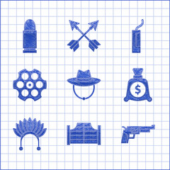 Sticker - Set Western cowboy hat, Saloon door, Revolver gun, Money bag, Indian headdress with feathers, cylinder, Dynamite bomb and Bullet icon. Vector