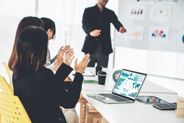 Poster - businesswoman in business meeting using laptop computer proficiently at office for marketing data an