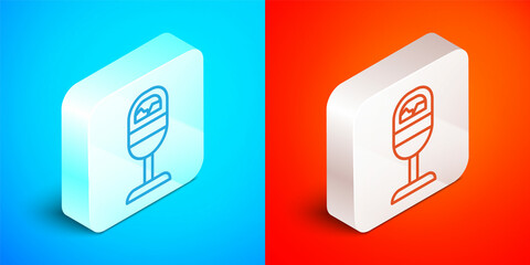 Sticker - Isometric line Trash can icon isolated on blue and red background. Garbage bin sign. Recycle basket icon. Office trash icon. Silver square button. Vector