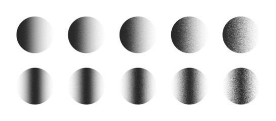 Wall Mural - Stippled Circles In Different Variations Hand Drawn Dotwork Vector Abstract Shapes Set Isolated On White Background. Various Degree Black Noise Dotted Round Design Elements Collection