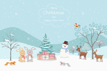 Merry Christmas and Happy new year greeting card with animals happy on winter background