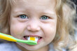 © puhimec - Portrait of a little girl with big blue eyes brushing her teeth.