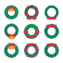 Christmas Wreath Vector. Winter Garland Adorned With Red Holly Berries On Green Pine Branches.