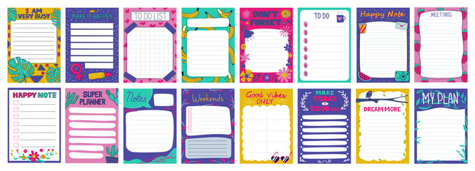 Poster - Cute agenda. Notepad pages with weekly planner. To do list template. Scrapbook and journal sheets. Reminder papers with decoration cartoon botanical elements. Vector organizer notes set