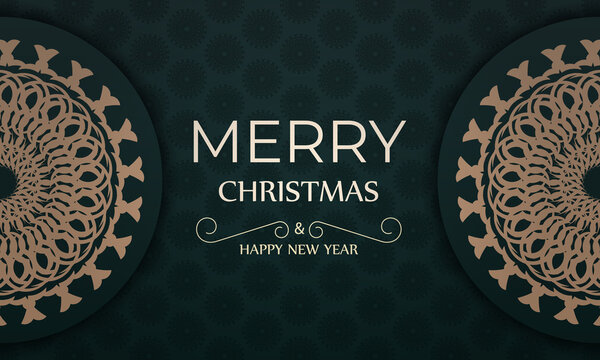 Dark green Happy New Year greeting card with vintage yellow ornament