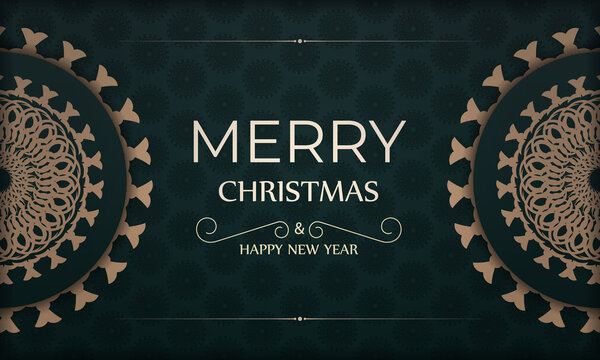 Dark green Happy New Year greeting card with abstract yellow pattern