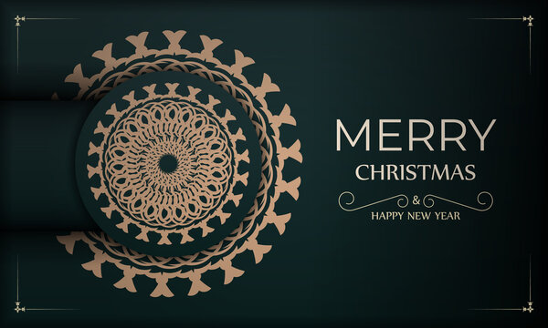 Brochure merry christmas and happy new year dark green color with luxury yellow pattern