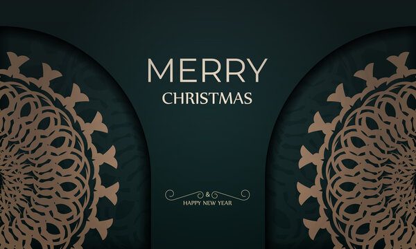 Brochure merry christmas and happy new year dark green color with winter yellow pattern