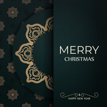 Dark green happy new year brochure with winter yellow ornament