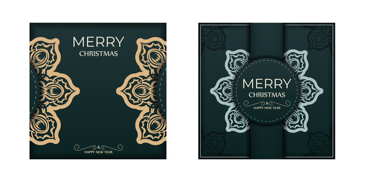 Dark green happy new year flyer with winter yellow ornament
