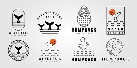set of whale tail and collection of humpback on ocean logo vector illustration design